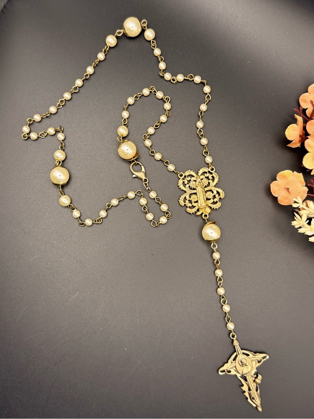 Vintage Gold Pearl Rosary-Style Pendant Necklace